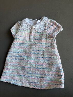 Janie and Jack Pastel Multicolor Tweed Dress with White Lace Collar